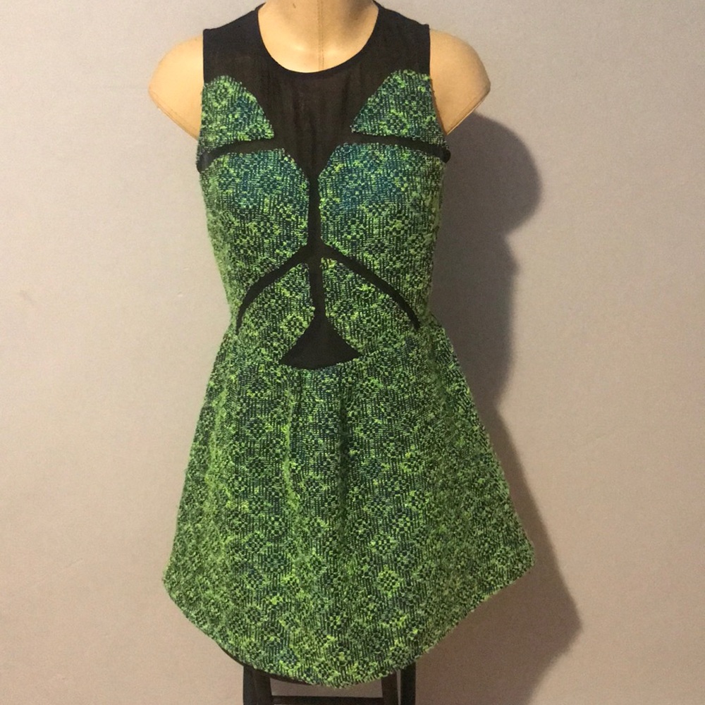 Tweed lime green, black and blue party dress